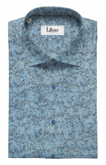 Bombay Rayon Men's Medium Sky Blue 100% Cotton Black Floral Print Shirt Fabric (1.60 M)
