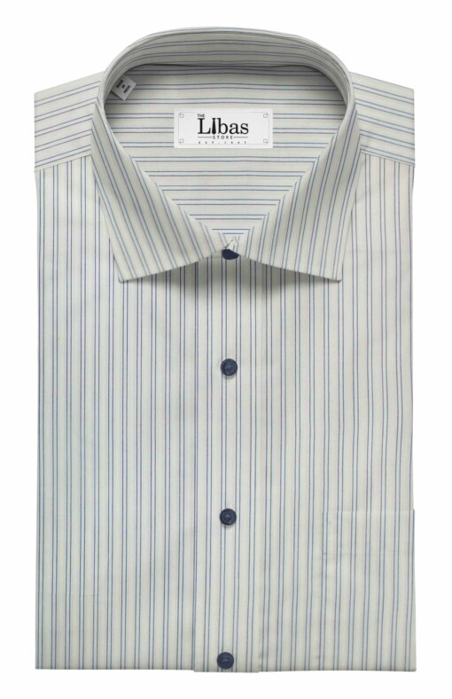 Bombay Rayon Men's White 100% Premium Cotton Blue Stripes Shirt Fabric (1.60 M)