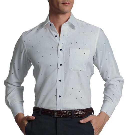 Exquisite White Cotton Blend Brasso Blue Dots Print Shirt Fabric (2.40 M)