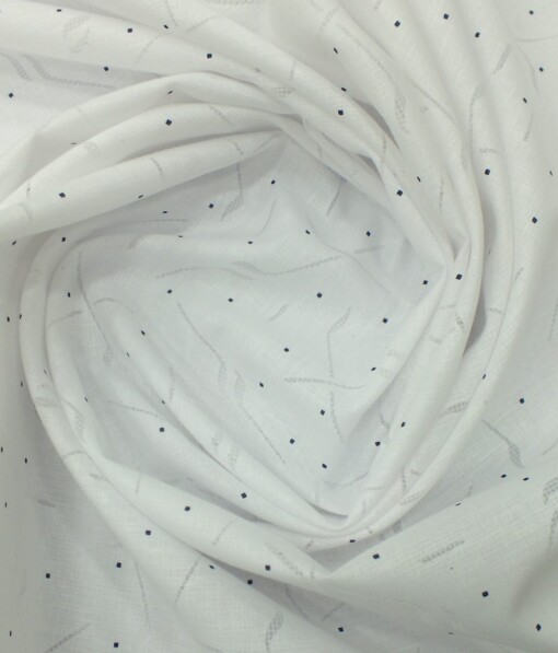 Exquisite White Cotton Blend Brasso Blue Dots Print Shirt Fabric (2.40 M)