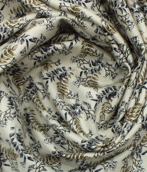 Exquisite Men's Cream 100% Cotton Blue & Brown Floral Printed Shirt Fabric (1.60 M)