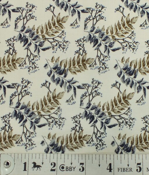 Exquisite Men's Cream 100% Cotton Blue & Brown Floral Printed Shirt Fabric (1.60 M)