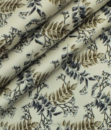 Exquisite Men's Cream 100% Cotton Blue & Brown Floral Printed Shirt Fabric (1.60 M)