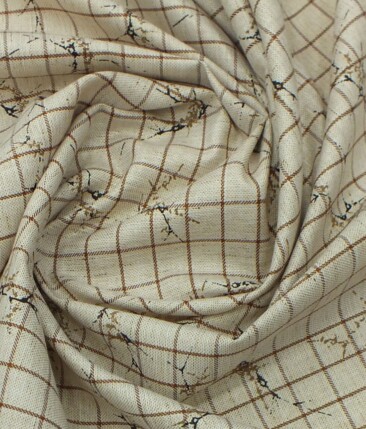 Exquisite Beige Cotton Blend Khadi Look Brown Printed Checks Shirt Fabric (2.40 M)