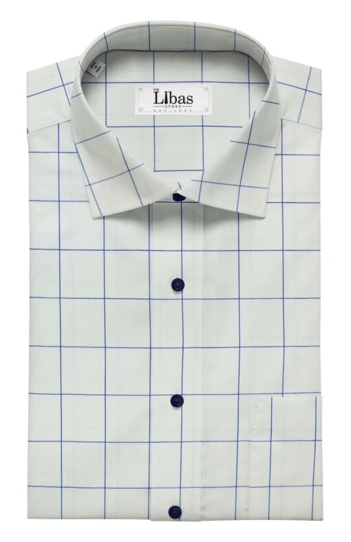 Soktas Men's White 100% Giza Cotton Blue Broad Check Shirt Fabric (1.60 M)