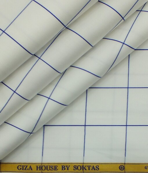 Soktas Men's White 100% Giza Cotton Blue Broad Check Shirt Fabric (1.60 M)