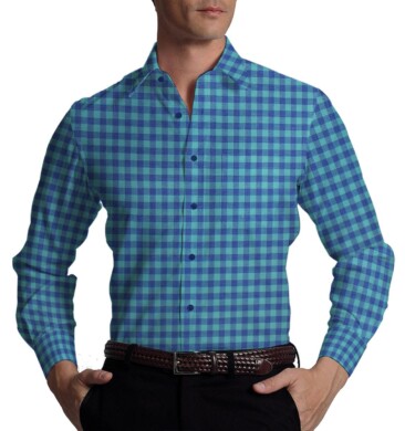 Exquisite Sea Green & Blue Checks Cotton Blend Shirt Fabric (2.40 M)