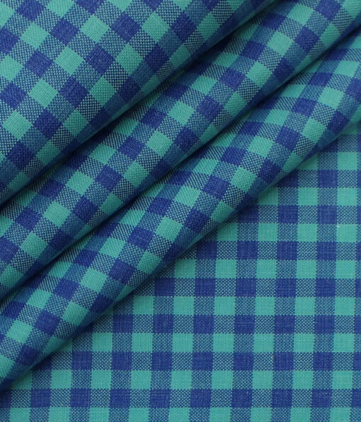 Exquisite Sea Green & Blue Checks Cotton Blend Shirt Fabric (2.40 M)