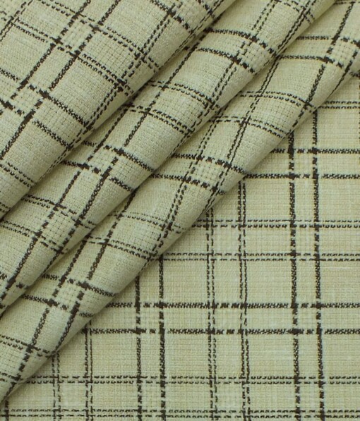 Exquisite Khadi Look Beige base Brown Checks Cotton Blend Shirt Fabric (2.40 M)