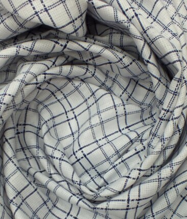 Exquisite Khadi Look White base Blue Checks Cotton Blend Shirt Fabric (2.40 M)