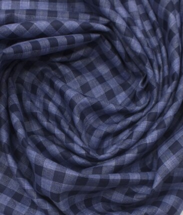 Exquisite Khadi Look Navy & Sky Blue Checks Cotton Blend Shirt Fabric (2.40 M)