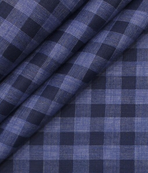 Exquisite Khadi Look Navy & Sky Blue Checks Cotton Blend Shirt Fabric (2.40 M)