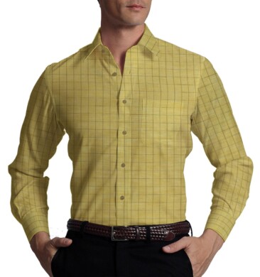 Exquisite Khadi Look Mango Yellow base Brown Checks Cotton Blend Shirt Fabric (2.40 M)
