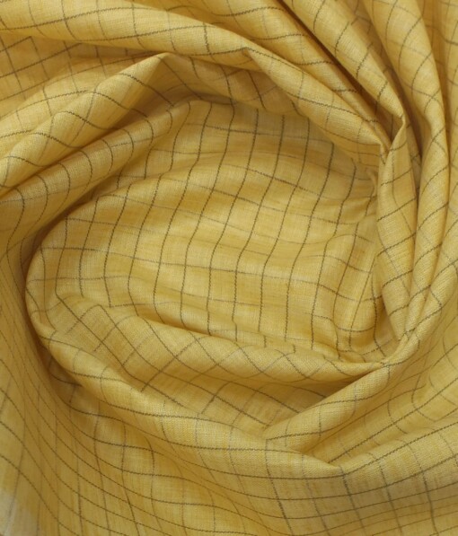 Exquisite Khadi Look Mango Yellow base Brown Checks Cotton Blend Shirt Fabric (2.40 M)