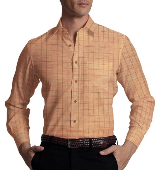 Exquisite Khadi Look Peach base Brown Checks Cotton Blend Shirt Fabric (2.40 M)