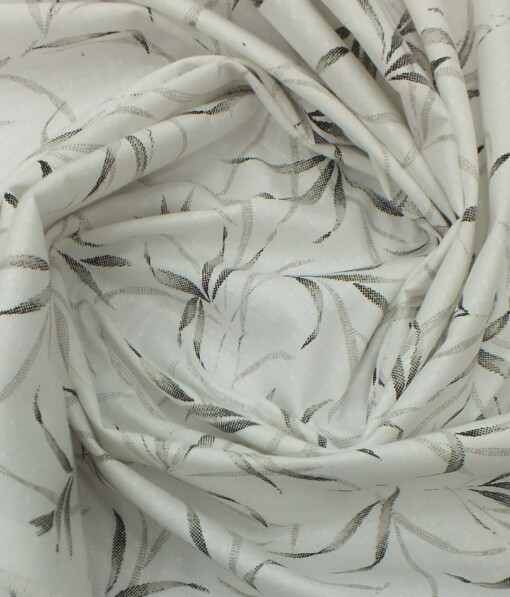 Exquisite Khadi Look White base Grey Floral Print Cotton Blend Designer Shirt Fabric (2.40 M)