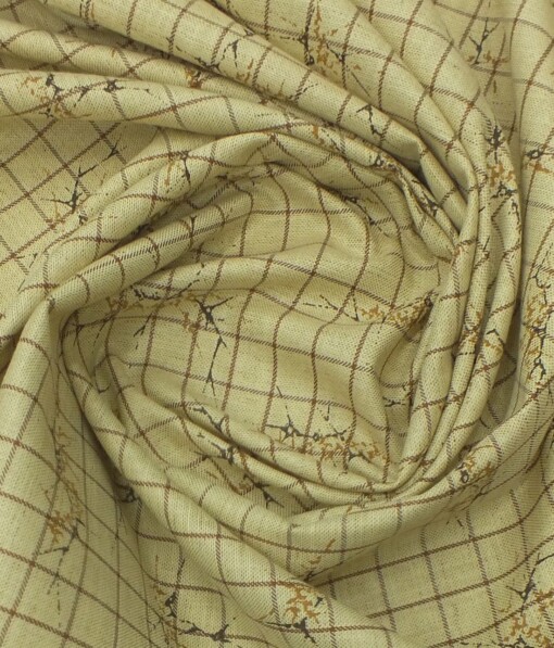 Exquisite Khadi Look Yellowish Beige Printed Checks Cotton Blend Shirt Fabric (2.40 M)