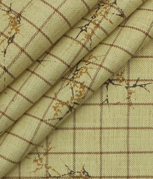 Exquisite Khadi Look Yellowish Beige Printed Checks Cotton Blend Shirt Fabric (2.40 M)