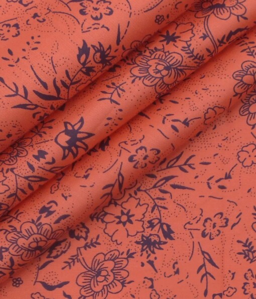 Exquisite Bright Peach 100% Pure Cotton Blue Floral Print Shirt Fabric (2.40 M)