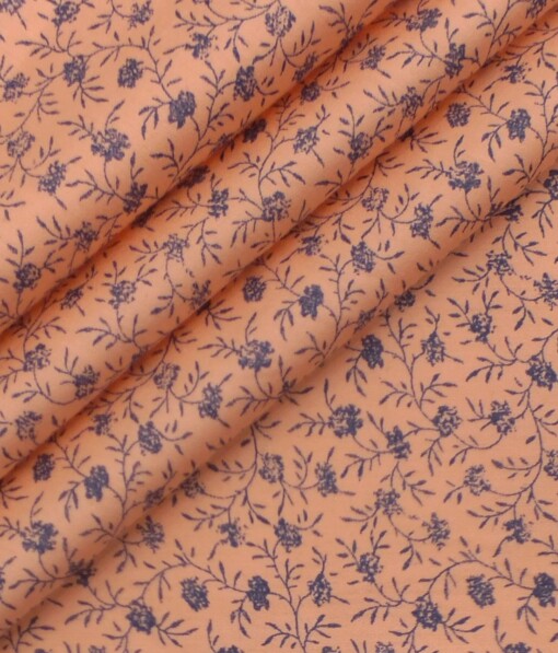 Exquisite Light Peach 100% Pure Cotton Blue Floral Print Shirt Fabric (2.40 M)