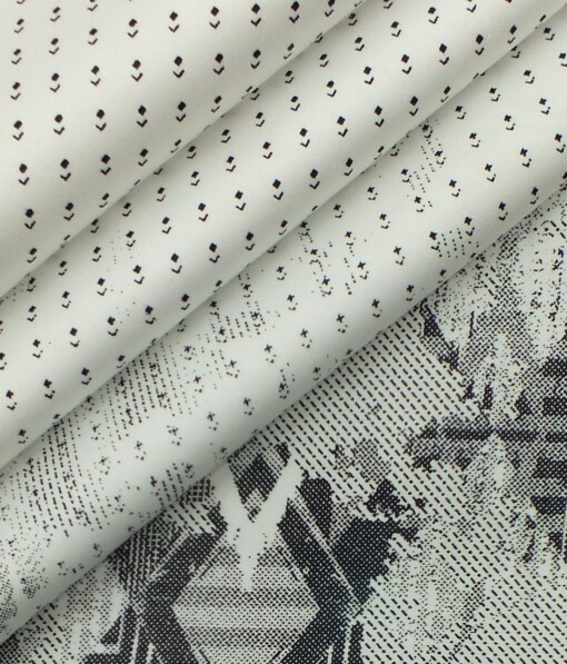 Exquisite White 100% Pure Cotton Black Print Designer Shirt Fabric (2.40 M)