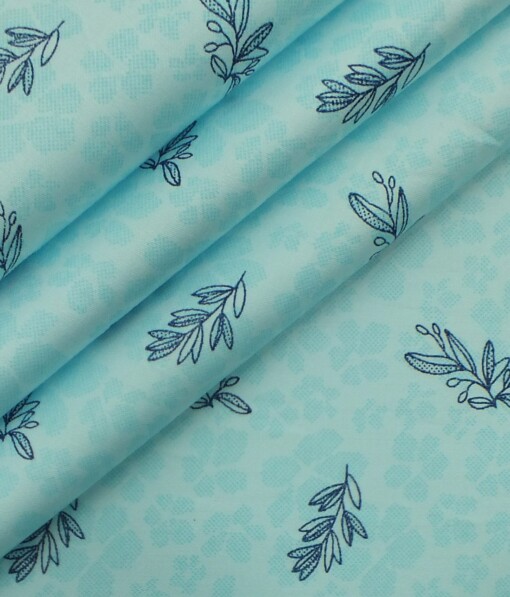 Exquisite Light Firozi Blue 100% Pure Cotton Blue Floral Print Shirt Fabric (2.40 M)