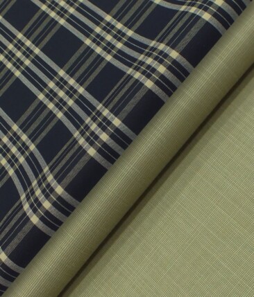 Raymond Oat Beige Self Design Trouser Fabric With Exquisite Dark Navy Blue Burberry Check Shirt Fabric (Unstitched)