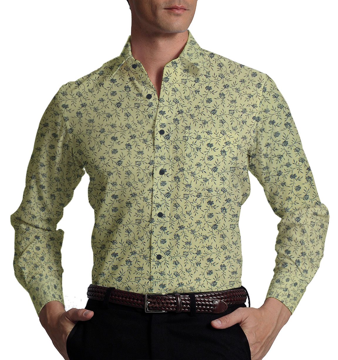 Raymond Dark Blue Self Design Trouser Fabric With Exquisite Yellowish Beige Floral Printed Shirt Fabric (Unstitched)