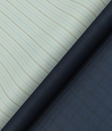 Raymond Aegean Blue Self Checks Trouser Fabric With Arvind White base Blue Striped Shirt Fabric (Unstitched)
