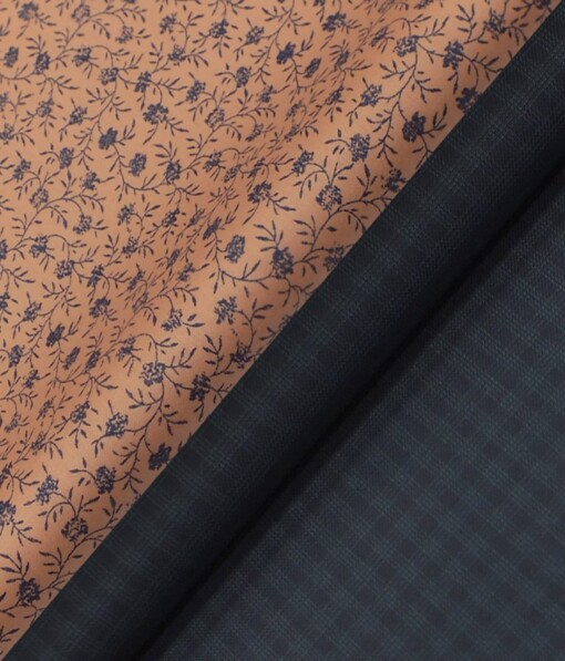 Reid & Taylor Stone Blue Checks Trouser Fabric With Exquisite Peach Printed Shirt Fabric (Unstitched)