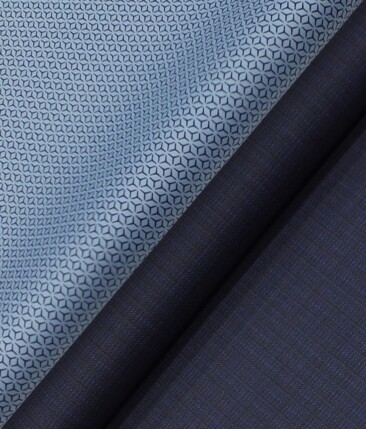 Reid & Taylor Dark Navy Blue Self Checks Trouser Fabric With Exquisite Sky Blue Printed Shirt Fabric (Unstitched)