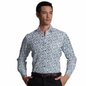 Reid & Taylor Dark Denim Blue Checks Trouser Fabric With Bombay Rayon White base Multicolor Printed Shirt Fabric (Unstitched)