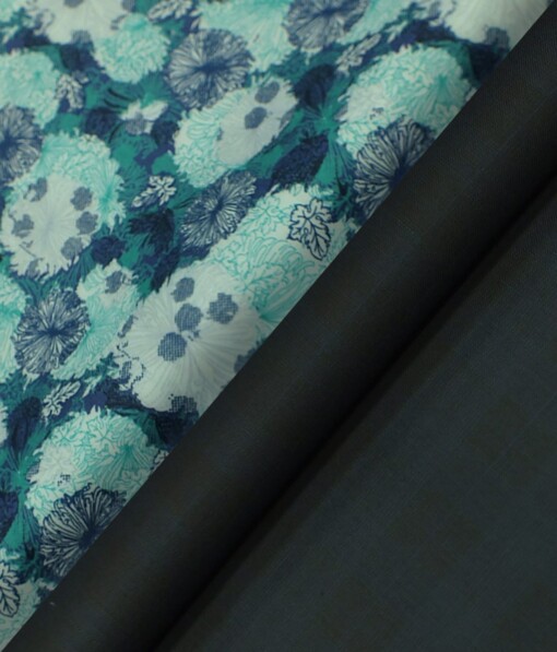 Reid & Taylor Dark Blue Self Checks Trouser Fabric With Nemesis White Base Green Floral Printed Shirt Fabric (Unstitched)