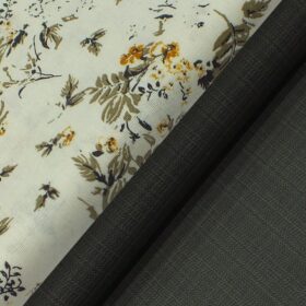 Reid & Taylor Dark Greenish Grey Self Checks Trouser Fabric With Exquisite Off White Linen Cotton Floral Printed Shirt Fabric (Unstitched)