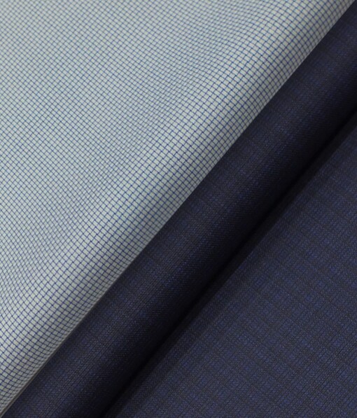 Reid & Taylor Dark Blue Checks Trouser Fabric With Nemesis White & Blue Structured Shirt Fabric (Unstitched)