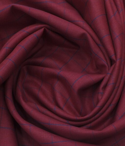Linen Club Maroon Red 100% European Linen Blue Checks Unstitched Blazer Fabric (2 M)