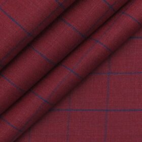Linen Club Maroon Red 100% European Linen Blue Checks Unstitched Blazer Fabric (2 M)