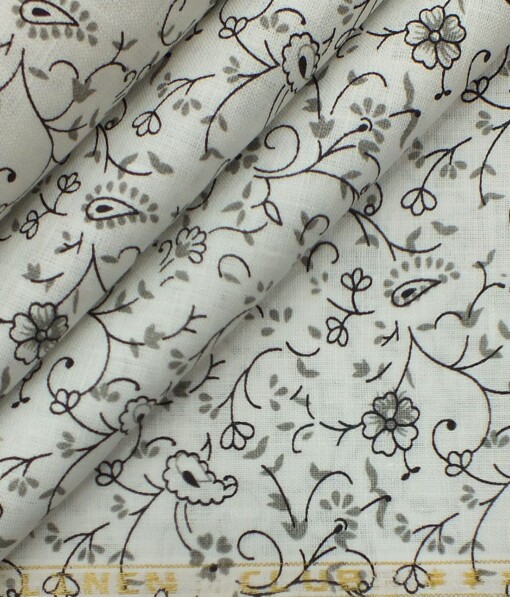 Linen Club White base 100% Pure Linen 60 LEA Grey Floral Print Shirt Fabric (1.60 M)