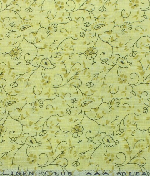 Linen Club Lemon Yellow base 100% Pure Linen 60 LEA Brown Floral Print Shirt Fabric (1.60 M)