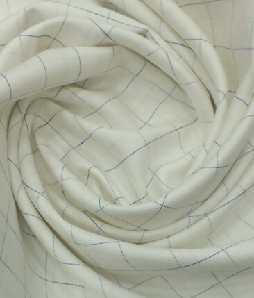 Linen Club White 100% European Linen Blue Checks Unstitched Trouser Fabric (1.30 M)