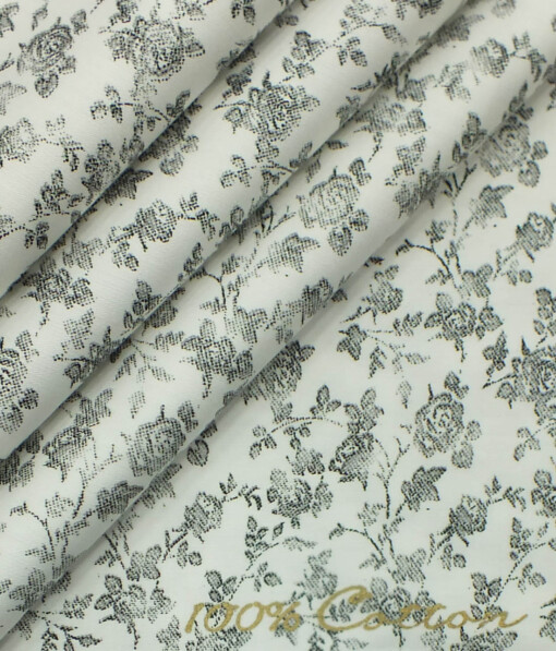 Exquisite  White Base Pure Cotton Grey Floral Printed Shirt Fabric (1.60 M)