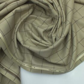 Grasim Oat Beige Broad Checks Poly Viscose Trouser or 3 Piece Suit Fabric (Unstitched - 1.25 Mtr)
