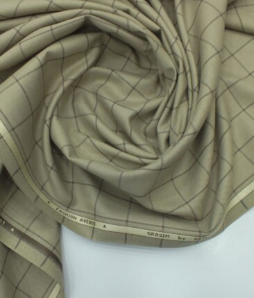Grasim Oat Beige Broad Checks Poly Viscose Trouser or 3 Piece Suit Fabric (Unstitched - 1.25 Mtr)