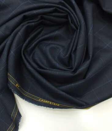 J.Hampstead by Siyaram's Dark Navy Blue Structured Cum Checks Terry Rayon Trouser or 3 Piece Suit Fabric (Unstitched - 1.25 Mtr)