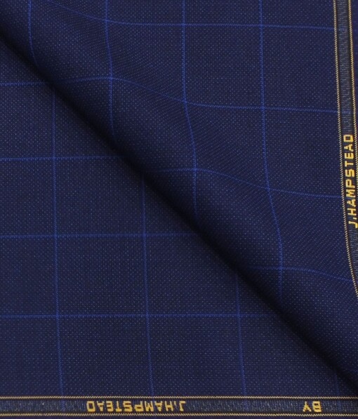 J.Hampstead by Siyaram's Dark Royal Blue Structured Cum Checks Terry Rayon Trouser or 3 Piece Suit Fabric (Unstitched - 1.25 Mtr)