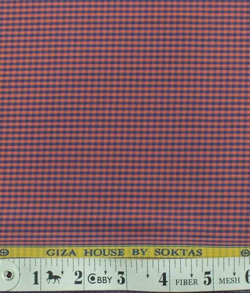 Giza House by Soktas Blush Red 100% Premium Cotton Blue Checks Shirt Fabric (1.60 M)