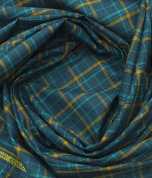 Giza House by Soktas Dark Firozi Blue 100% Premium Cotton Brown Checks Shirt Fabric (1.60 M)