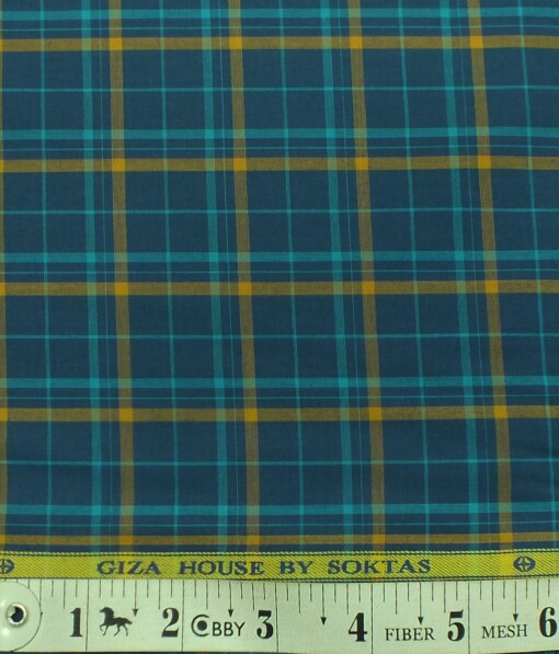 Giza House by Soktas Dark Firozi Blue 100% Premium Cotton Brown Checks Shirt Fabric (1.60 M)