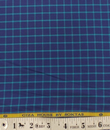 Giza House by Soktas Dark Royal Blue 100% Premium Cotton Firozi Blue Checks Shirt Fabric (1.60 M)