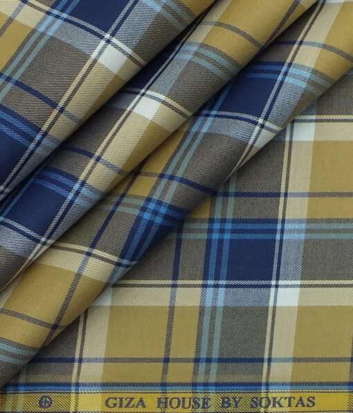 Giza House by Soktas Biege & Blue 100% Giza Cotton Burberry Checks Shirt Fabric (1.60 M)
